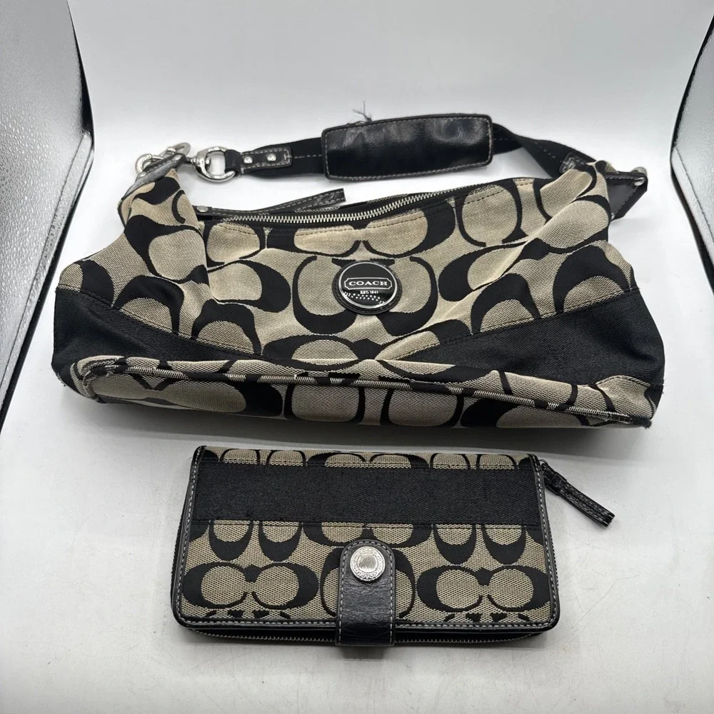 Coach F17434 Signature Stripe Hobo Satchel Purse Bag Black And Grey W/ Wallet